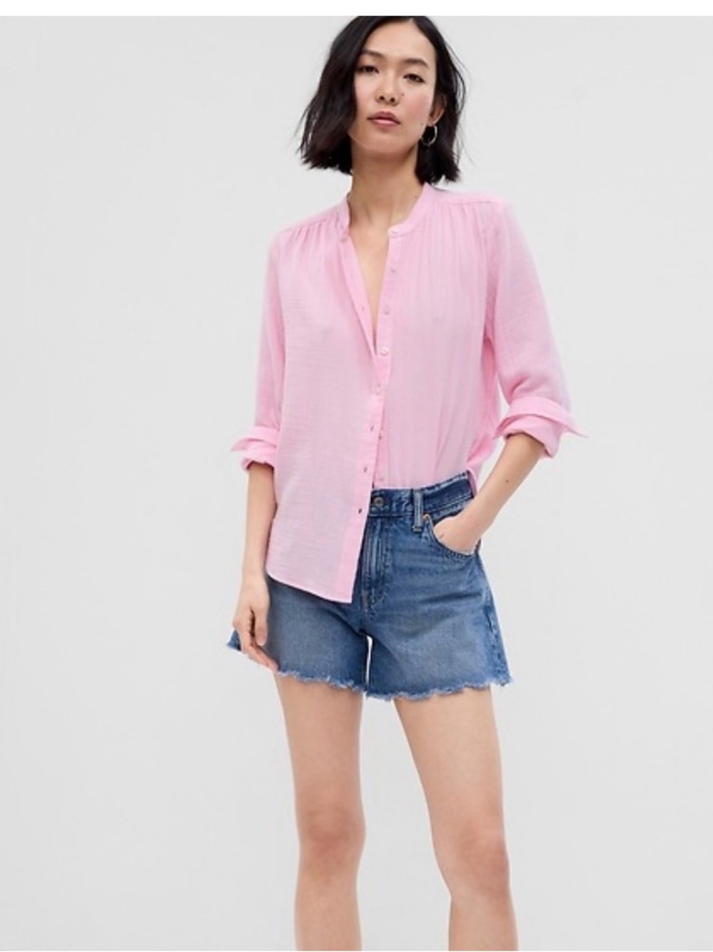 GAP Women's Light Pink Button-Front Crinkle Gauze Blouse